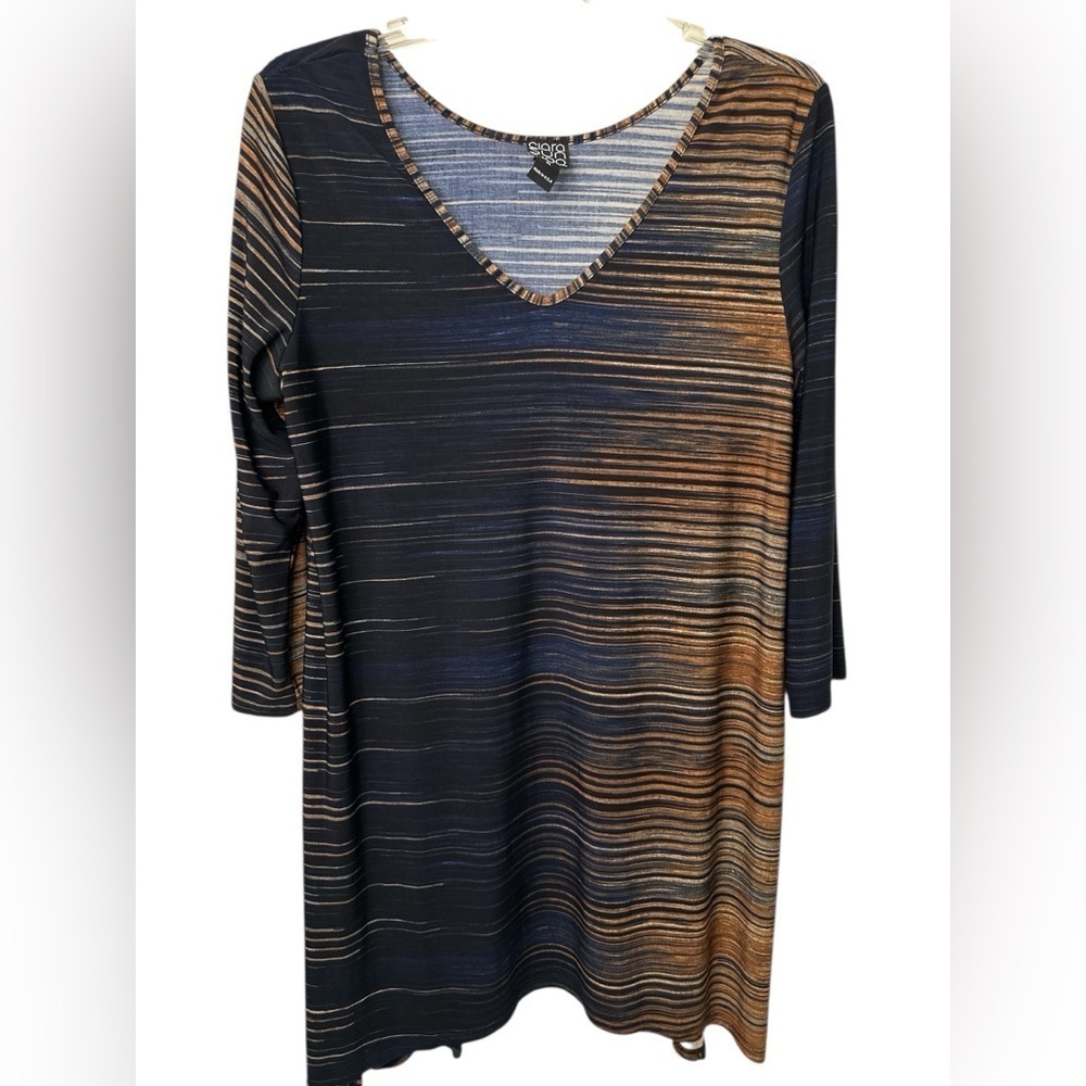 Clara Sun Woo Tunic Top Brown Blue Striped Soft Knit V-neck 3/4 Sleeve Size M